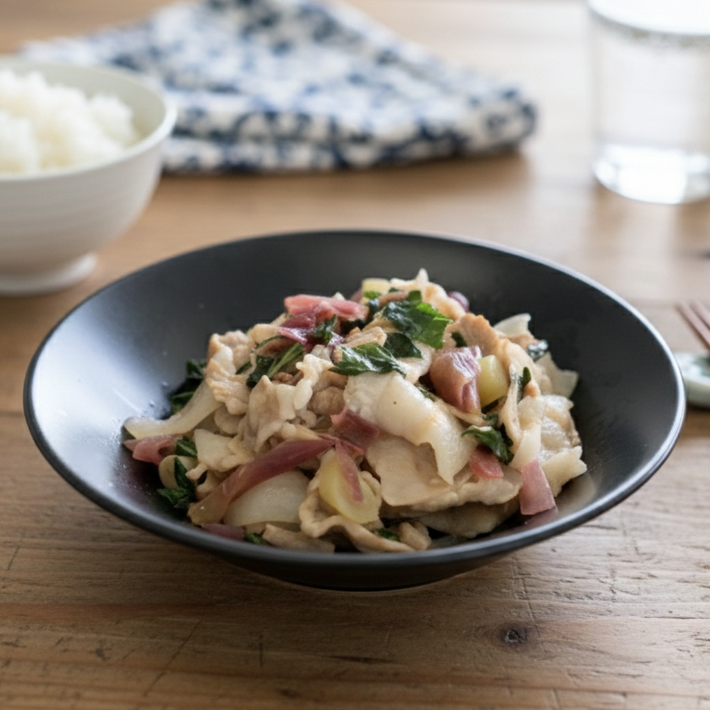 豚バラとみょうがの茎大葉炒め